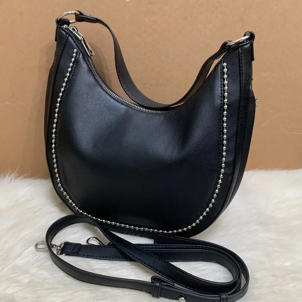 I.N.C. Black Vegan Leather Expandable KOLLEENE Ball Chain Hobo XB